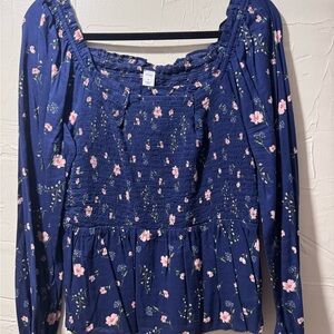 Old Navy Pink and Blue Smocked Peplum Blouse